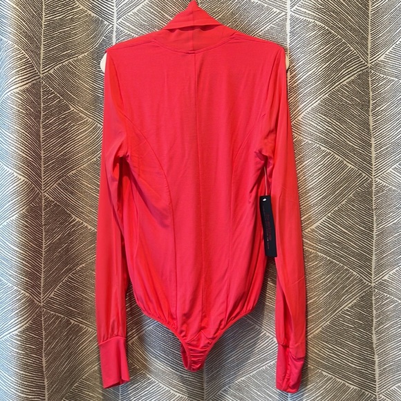 Bebe Cutout Sleeve Silk Wrap Bodysuit Teaberry XS - Picture 8 of 15